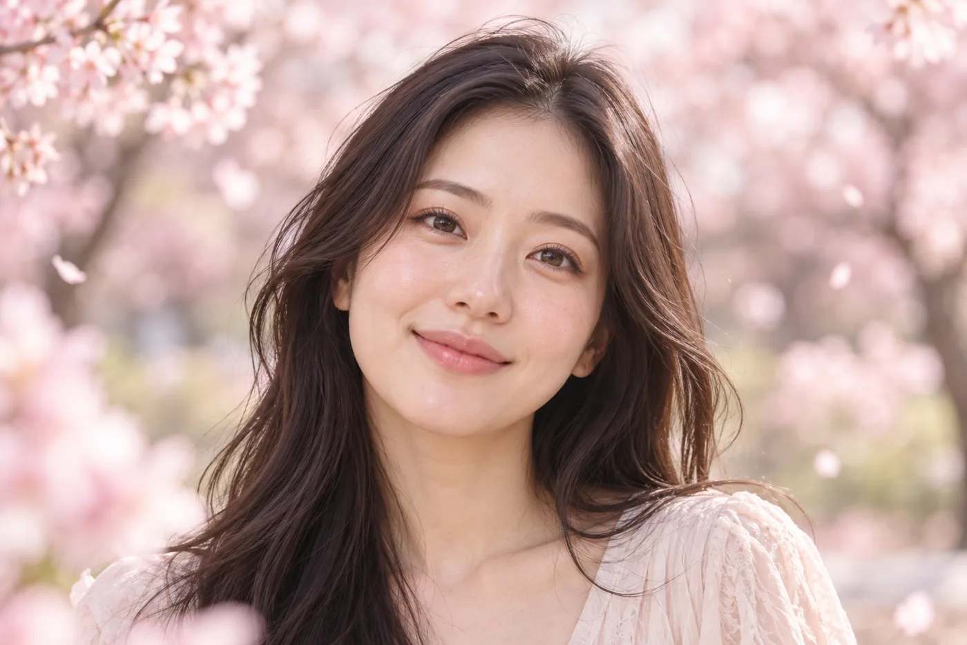 A woman with soft, plump, dewy skin, gently pressing her cheek